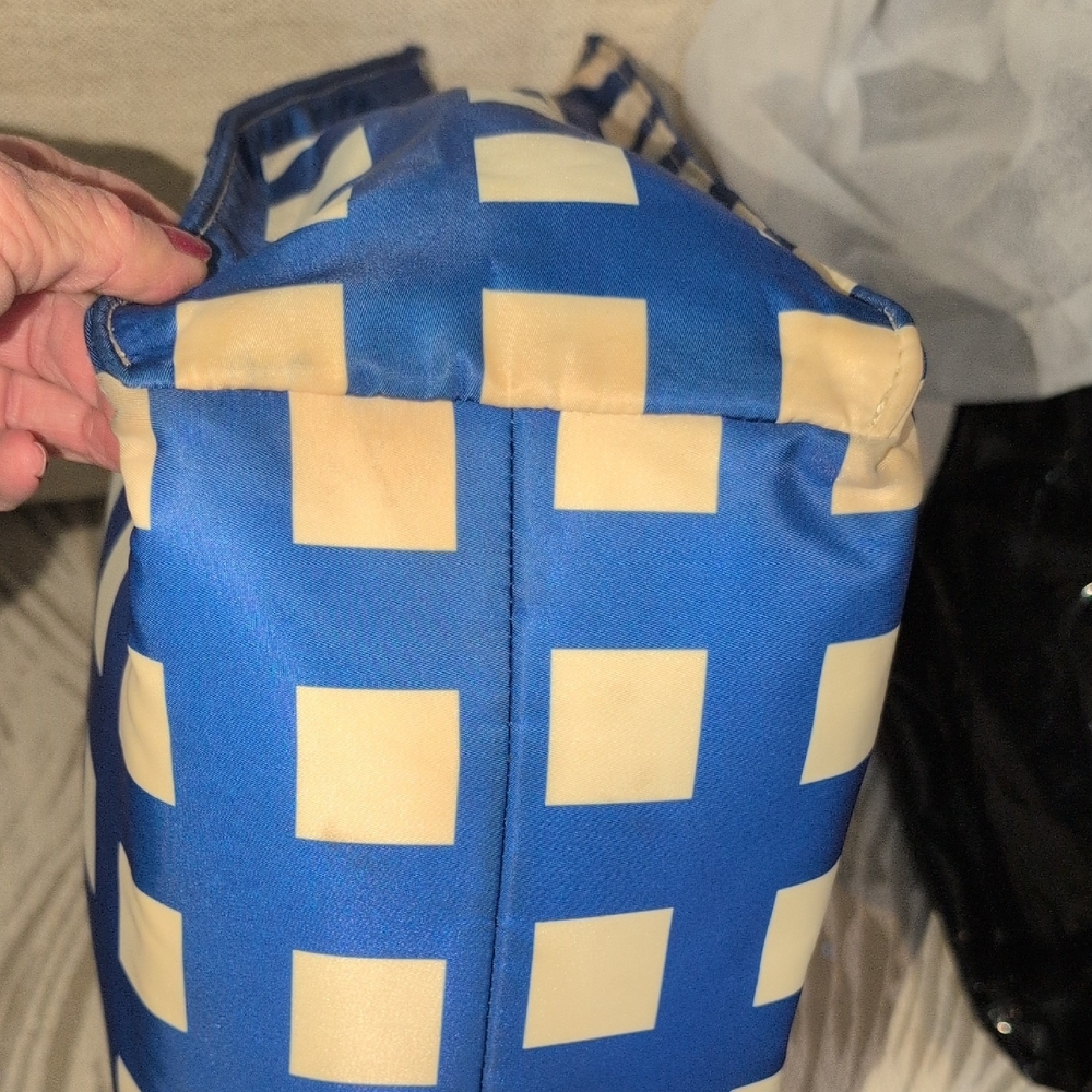 Kate Spade Blue and Cream Square Pattern Tote With Black Leather Handles - Picture 8 of 13